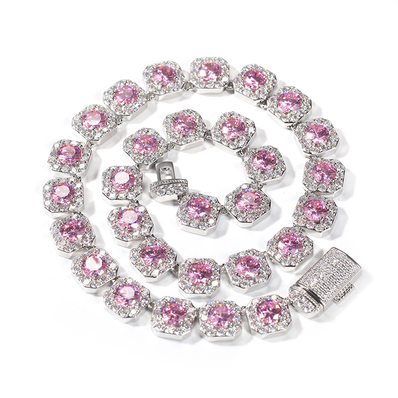 12mm Handset Pink Clustered Tennis Chain in White Gold