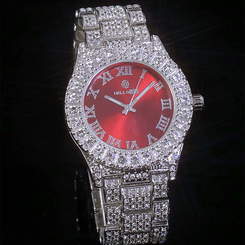 Iced Roman Numerals Red Dial Men's Watch in White Gold