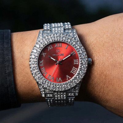 Iced Roman Numerals Red Dial Men's Watch in White Gold