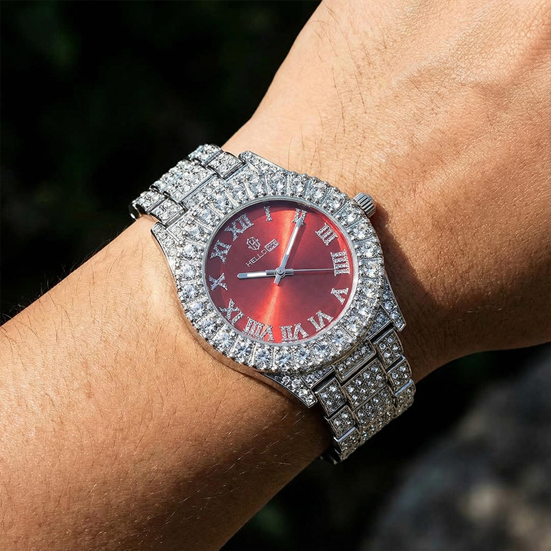 Iced Roman Numerals Red Dial Men's Watch in White Gold Iced Roman Numerals Red Dial Men's Watch in White Gold