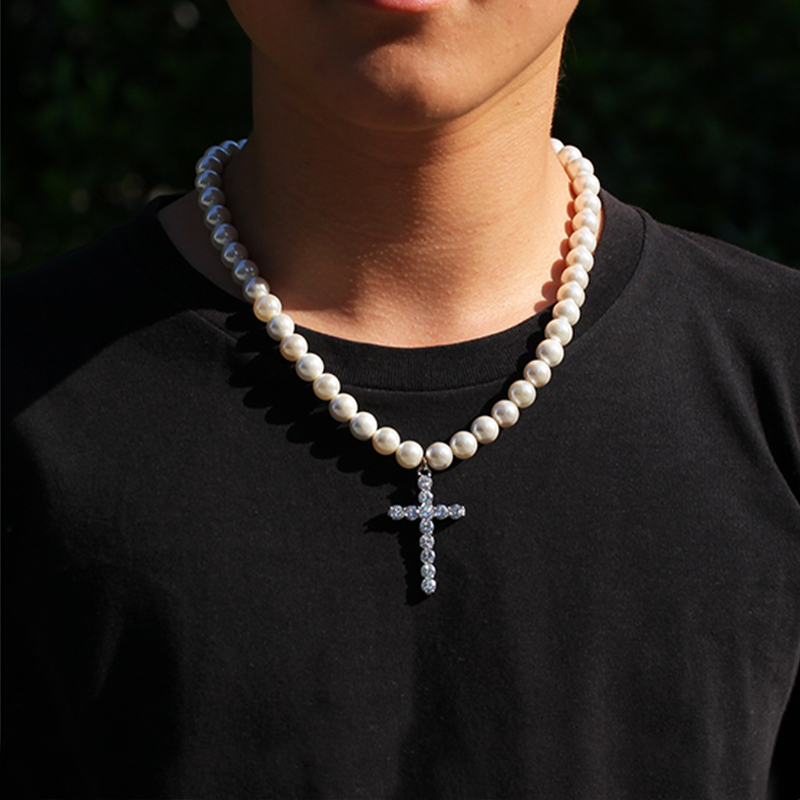 8mm Men Pearl Necklace Cross Pendant