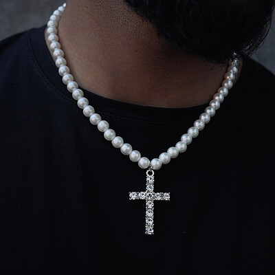 8mm Men Pearl Necklace Cross Pendant