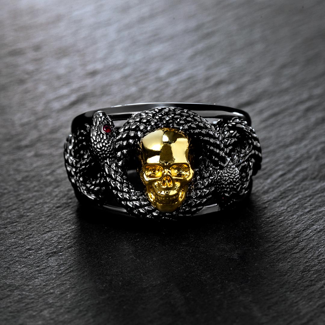  Double Snake with Skull Ring in Black Gold