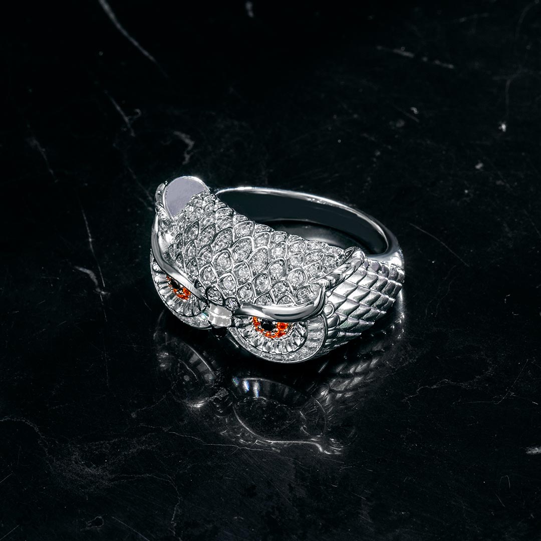 Iced Owl Ring in White Gold