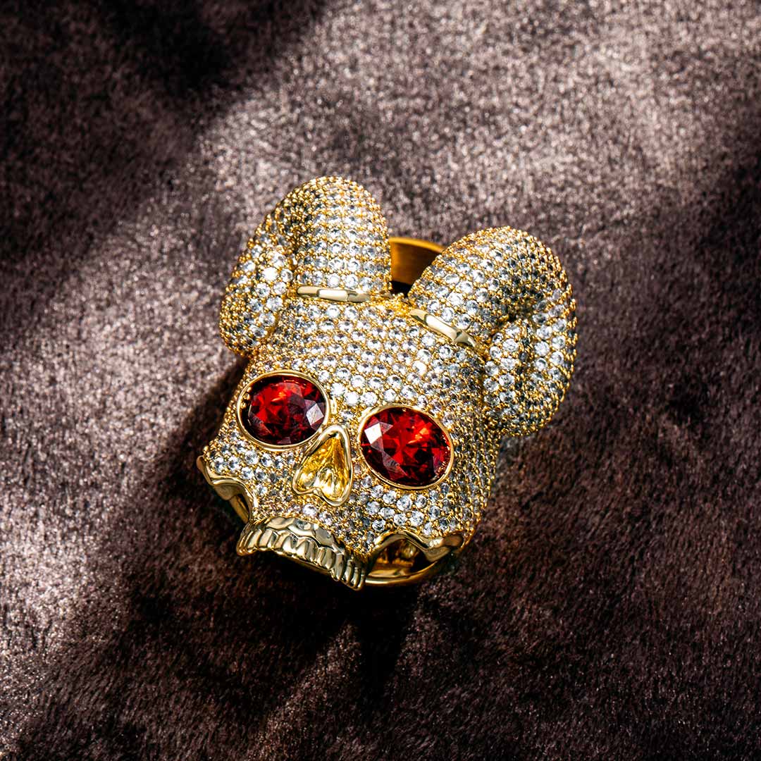 Sparkling Satanic Demon Skull Ring in Gold