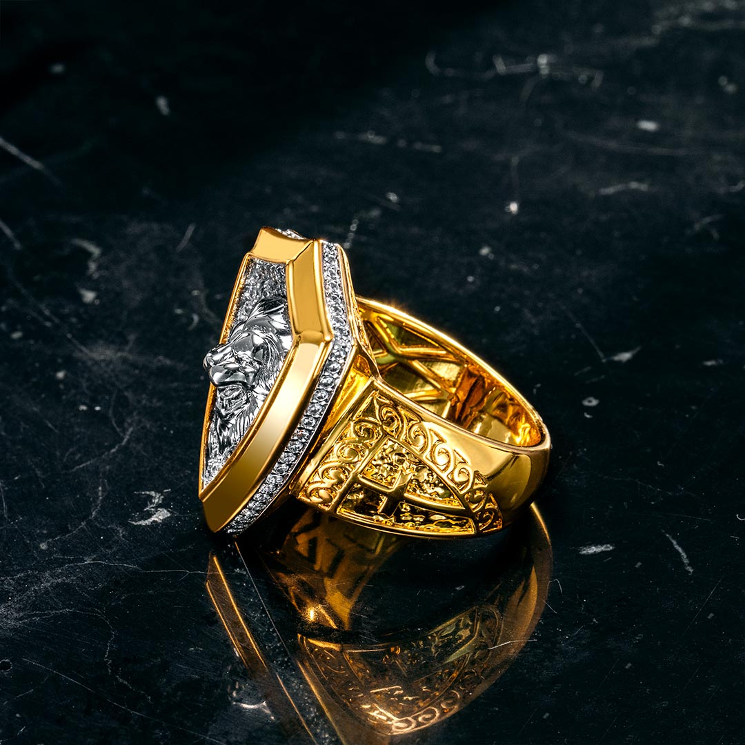Iced Roaring Lion Shield Ring in Gold