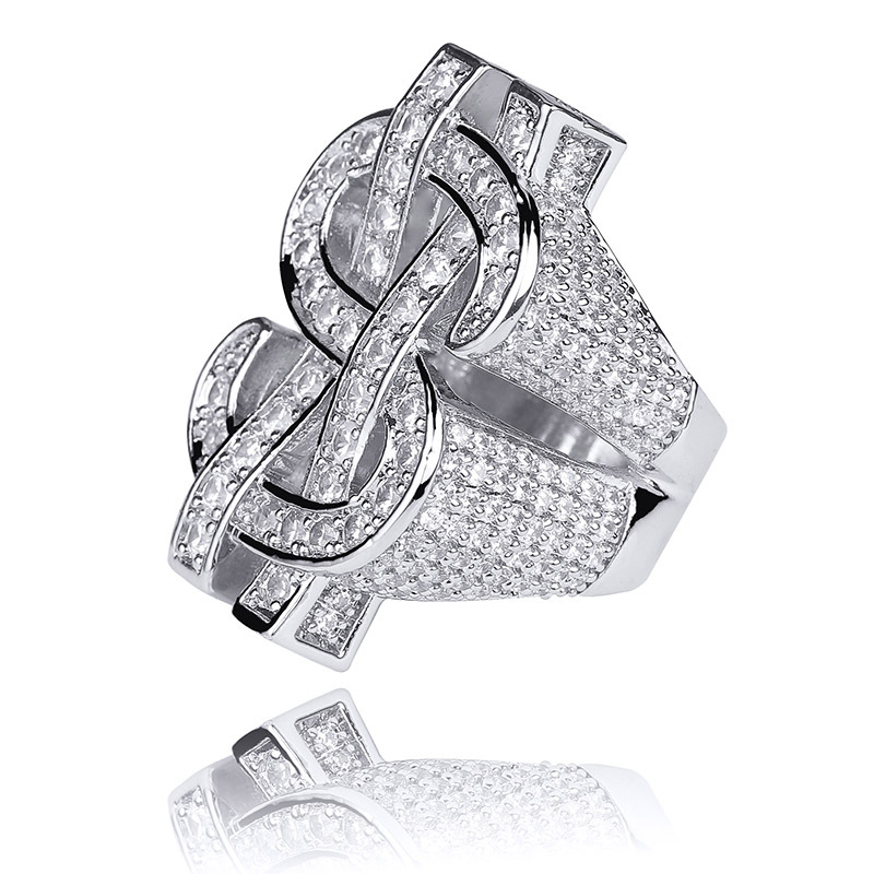  Iced Money Dollar Sign Ring in White Gold