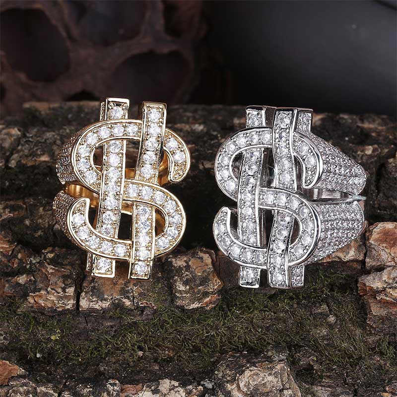  Iced Money Dollar Sign Ring in White Gold