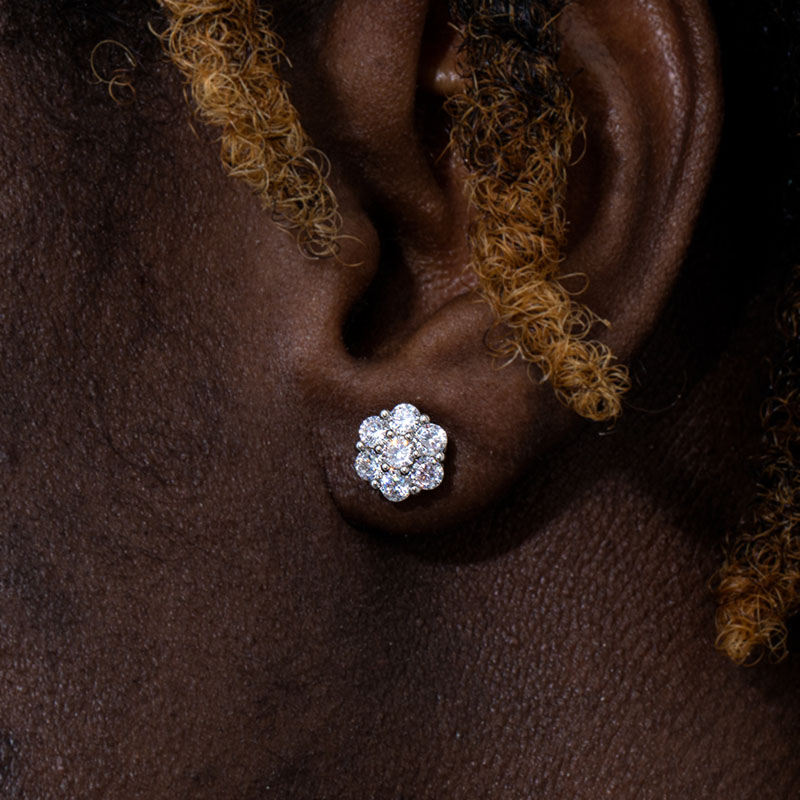 Flower Cluster Cross Asymmetric Earrings in White Gold