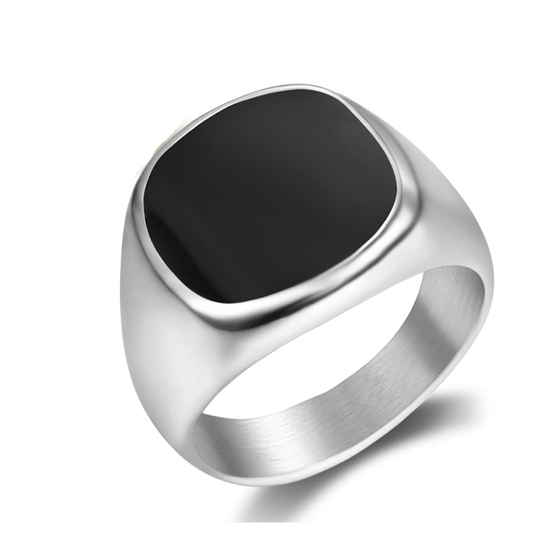 Black Square Signet Titanium Steel Ring in White Gold