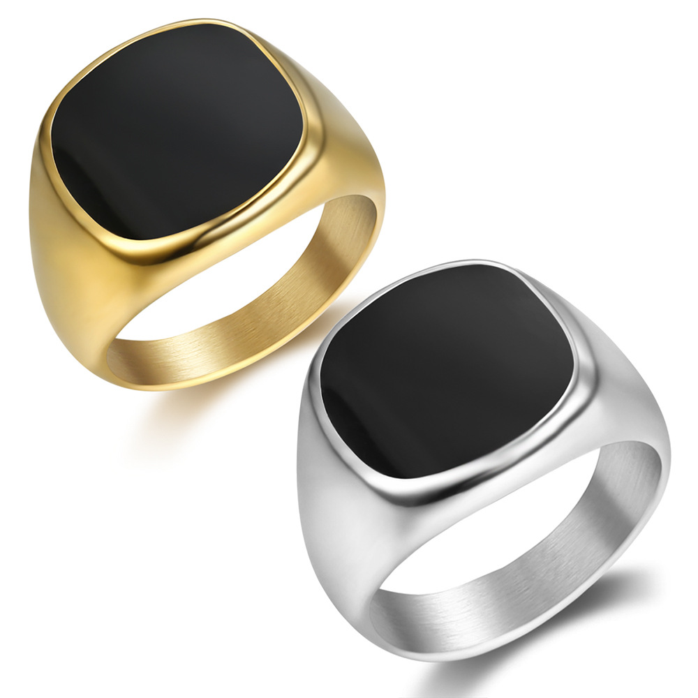 Black Square Signet Titanium Steel Ring in White Gold