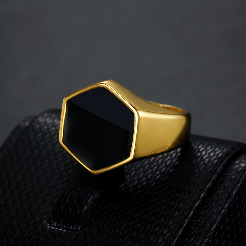 Black Hexagon Signet Titanium Steel Ring in Gold