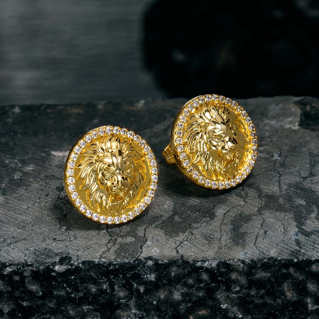  Iced Lion Stud Earrings in Gold