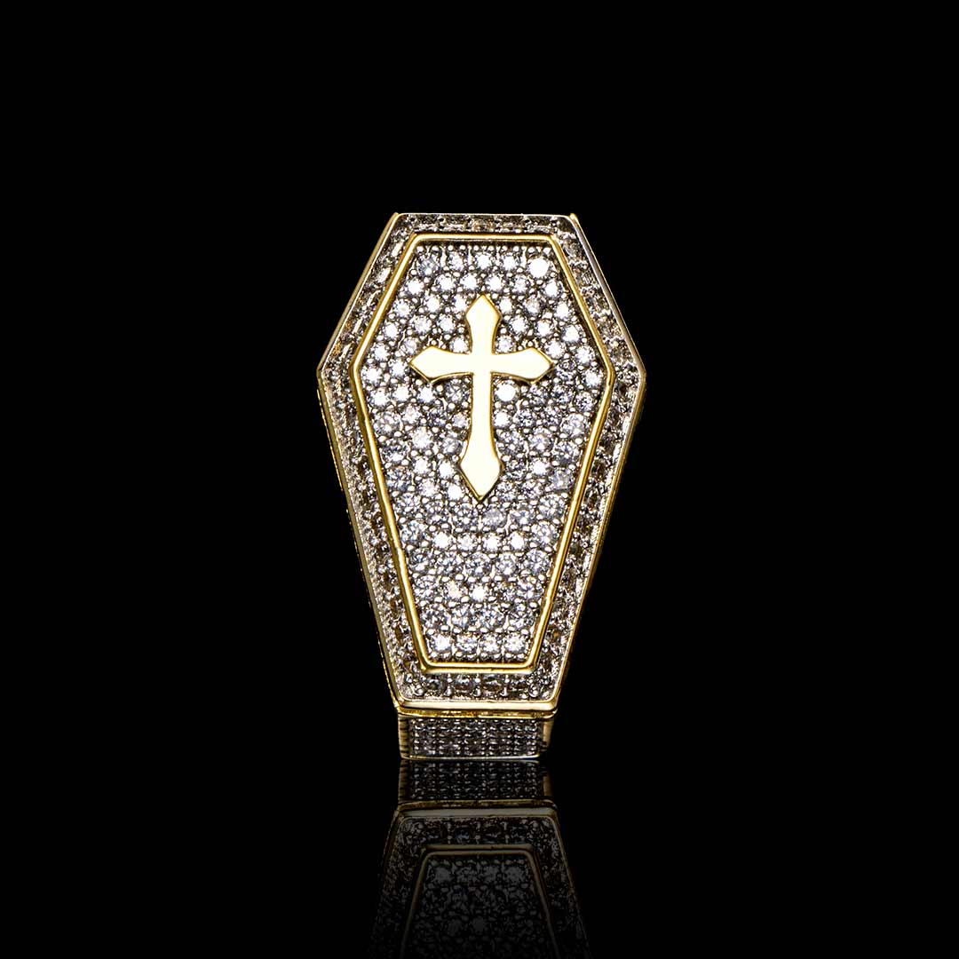 Iced Cross Coffin Ring in Gold