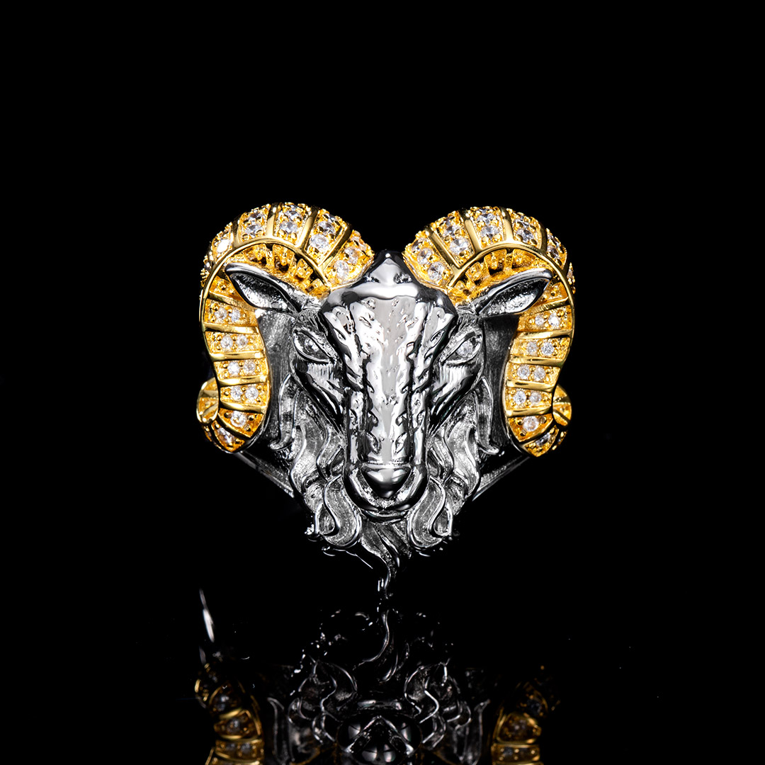 Iced Big Horn Goat Head Ring