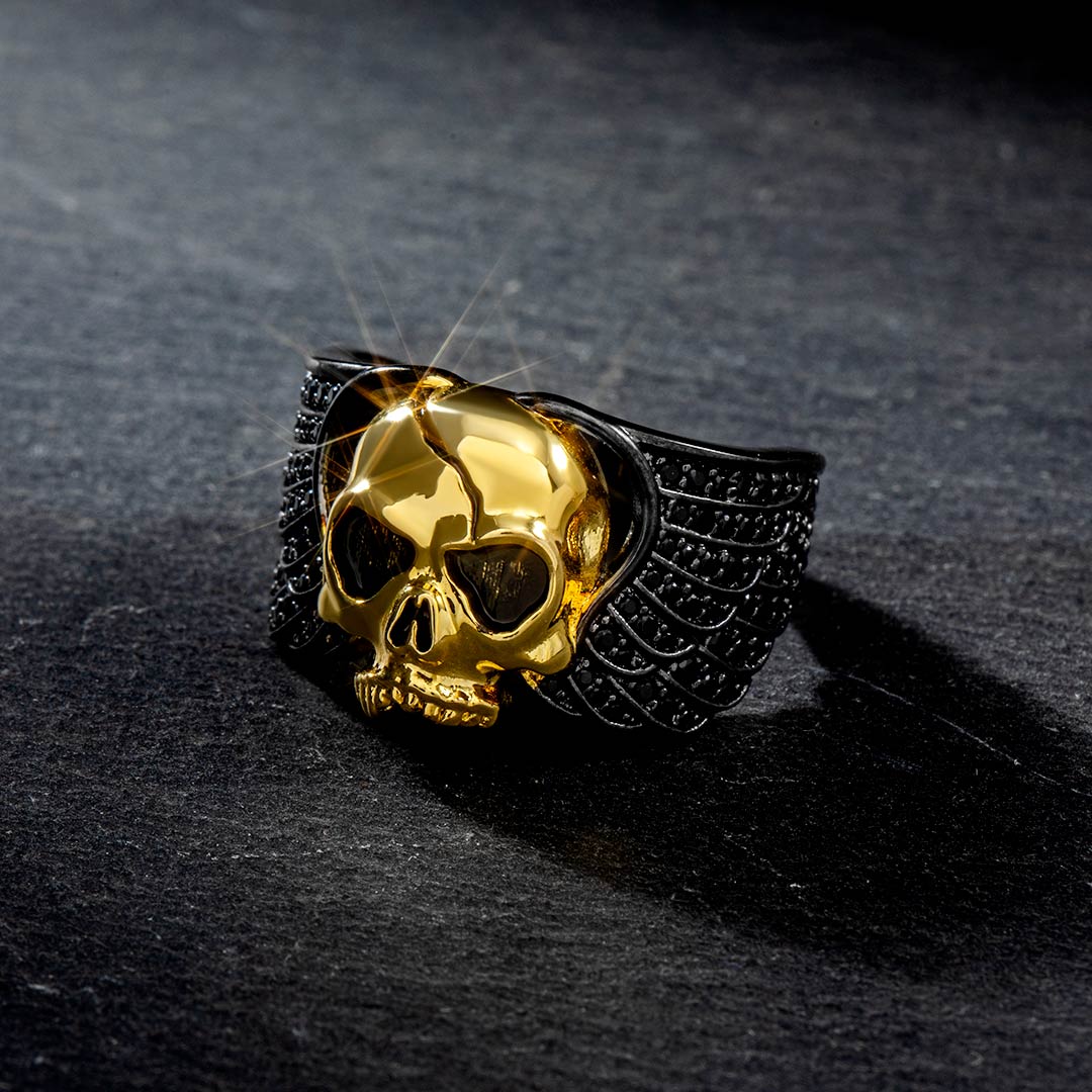  Skull Wings Ring in Black Gold