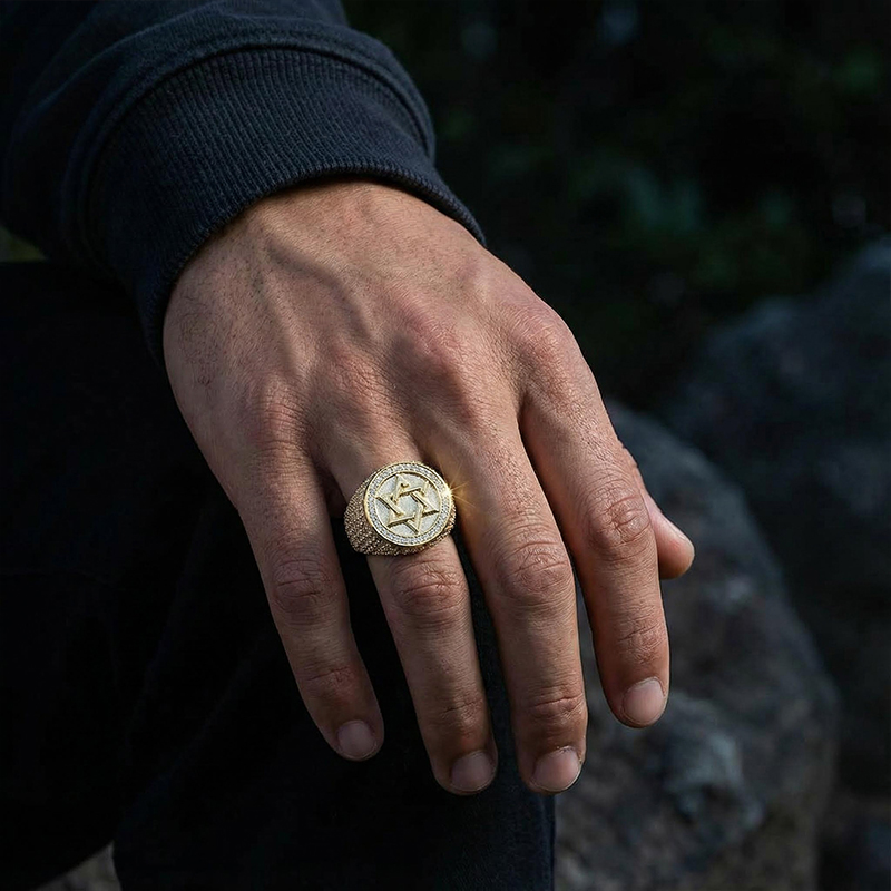Iced Gold Star of David Ring