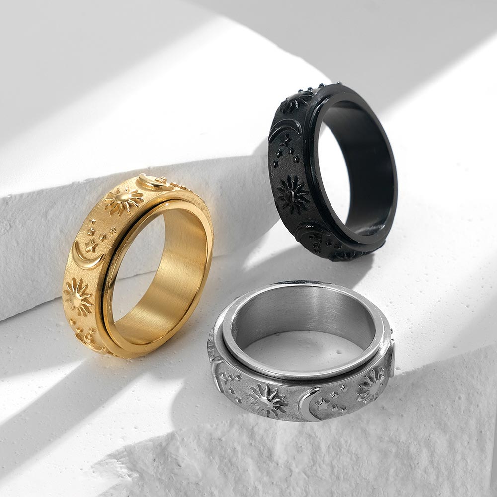 8mm Sun and Moon Spinner Relieving Stress Ring in Black Gold