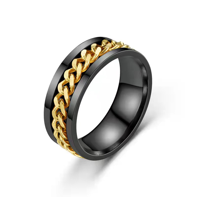 Rotating Titanium Steel Cuban Chain Fidget Ring in Black Gold