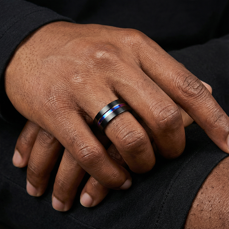  8mm Frosted Black Multicolor Titanium Steel Ring