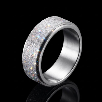 8mm Rotating Frosted Steel Simple Band in White Gold