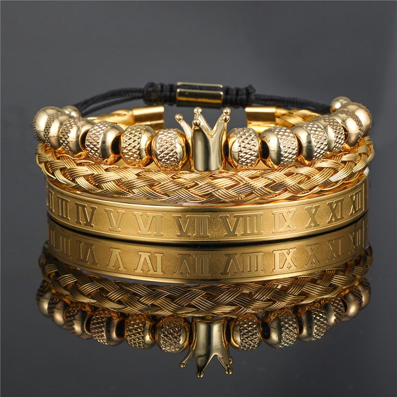 3Pcs Crown Beads and Roman Number Steel Bracelet Set