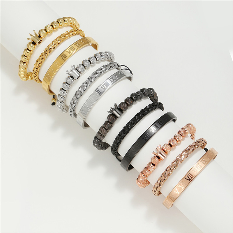 3Pcs Crown Beads and Roman Number Steel Bracelet Set