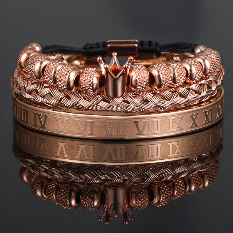 3Pcs Crown Beads and Roman Number Steel Bracelet Set