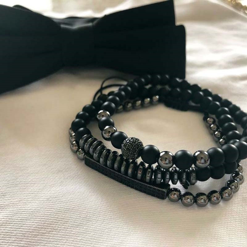 3pcs Iced Black Frosted Beads Bracelet Set