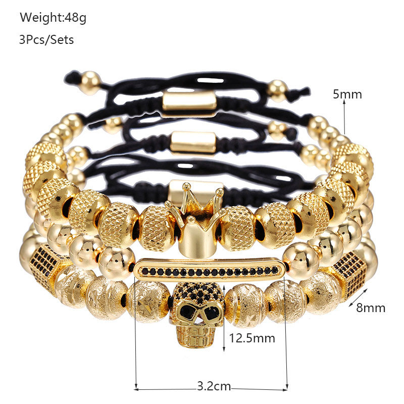 3pcs Iced Skull Crown Beads Bracelet Set