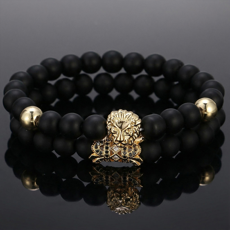2pcs Iced Lion Black Matte Agate Beaded Elastic Bracelets 2pcs Iced Lion Black Matte Agate Beaded Elastic Bracelets