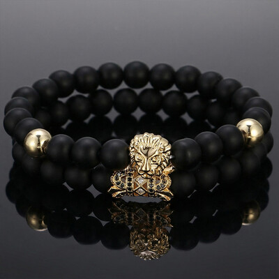 2pcs Iced Lion Black Matte Agate Beaded Elastic Bracelets
