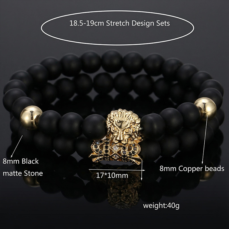 2pcs Iced Lion Black Matte Agate Beaded Elastic Bracelets 2pcs Iced Lion Black Matte Agate Beaded Elastic Bracelets