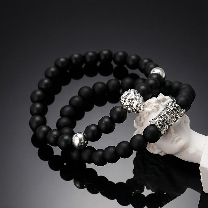2pcs Iced Lion Black Matte Agate Beaded Elastic Bracelets 2pcs Iced Lion Black Matte Agate Beaded Elastic Bracelets