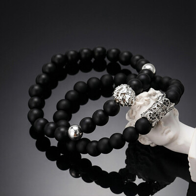 2pcs Iced Lion Black Matte Agate Beaded Elastic Bracelets