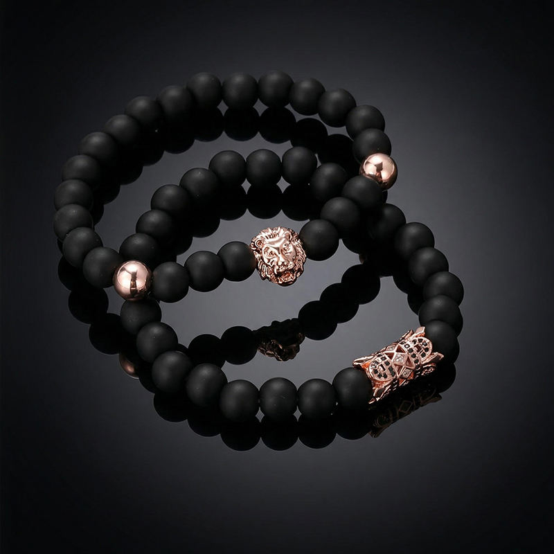 2pcs Iced Lion Black Matte Agate Beaded Elastic Bracelets 2pcs Iced Lion Black Matte Agate Beaded Elastic Bracelets