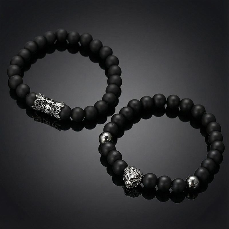 2pcs Iced Lion Black Matte Agate Beaded Elastic Bracelets 2pcs Iced Lion Black Matte Agate Beaded Elastic Bracelets