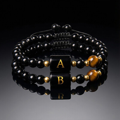26 Initial Letter Black Obsidian Tiger Eye Stone Braided Bracelet