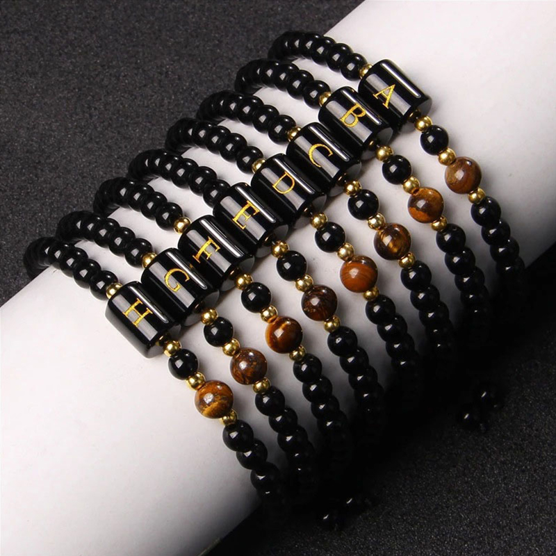 26 Initial Letter Black Obsidian Tiger Eye Stone Braided Bracelet