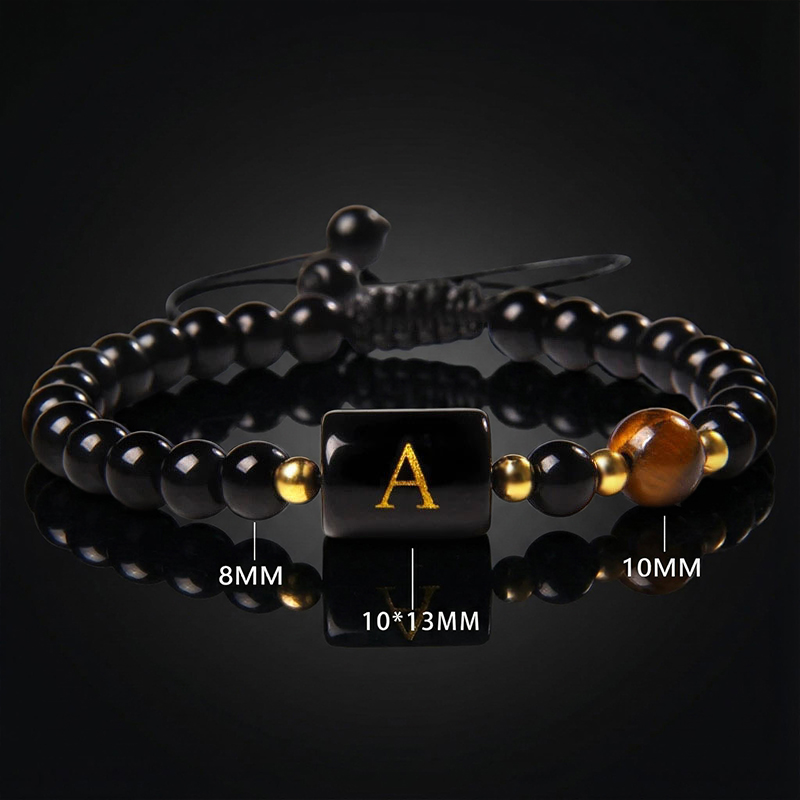 26 Initial Letter Black Obsidian Tiger Eye Stone Braided Bracelet