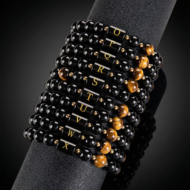 26 Initial Letter Black Obsidian Tiger Eye Stone Braided Bracelet