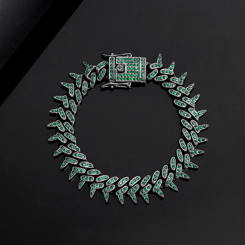 Iced 13mm Emerald Rivet Spike Thorns Cuban Bracelet