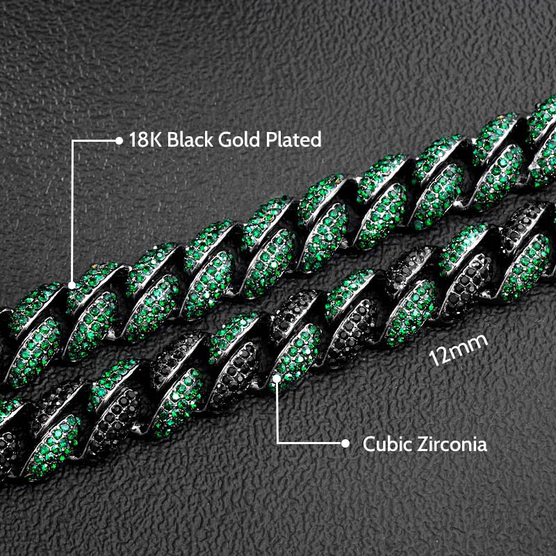 12mm Emerald Micro Paved Cuban Bracelet in Black Gold