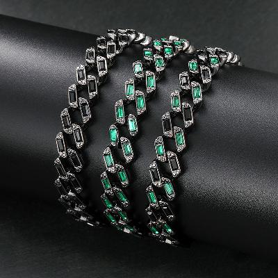 11mm Emerald & Black Baguette Cut Cuban Bracelet in Black Gold