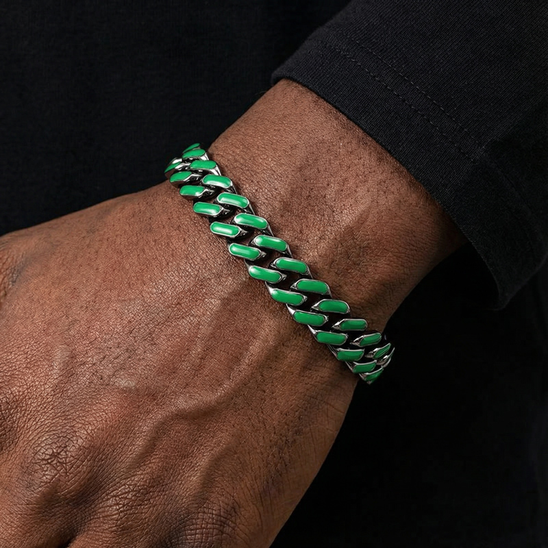 Glow in the Dark Green/Blue Enamel Prong Cuban Bracelet