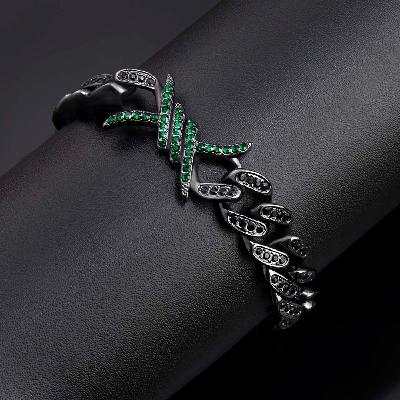 10mm Emerald & Black Iced Cuban Barb Wire Bracelet in Black Gold