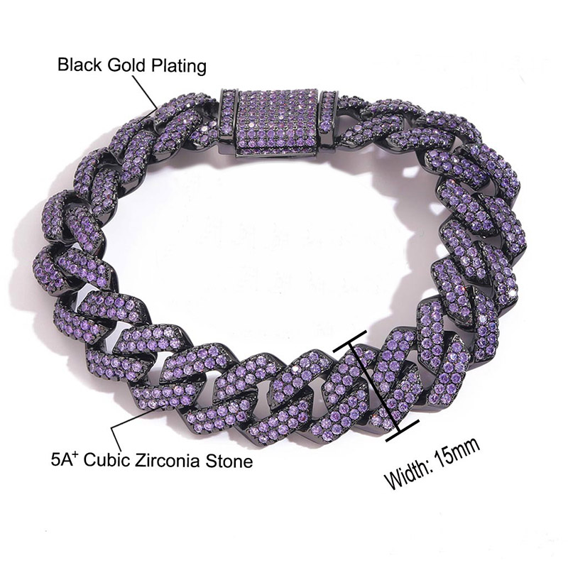 Iced 15mm Purple Cuban Link Bracelet in Black Gold