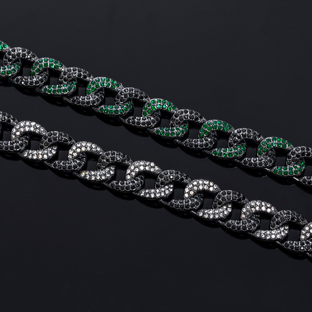 12mm Iced Curb Bracelet in Black Gold-Emerald&Black/White&Black