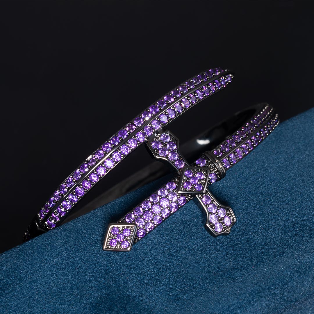Iced Purple Sword Bangle Bracelet in Black Gold