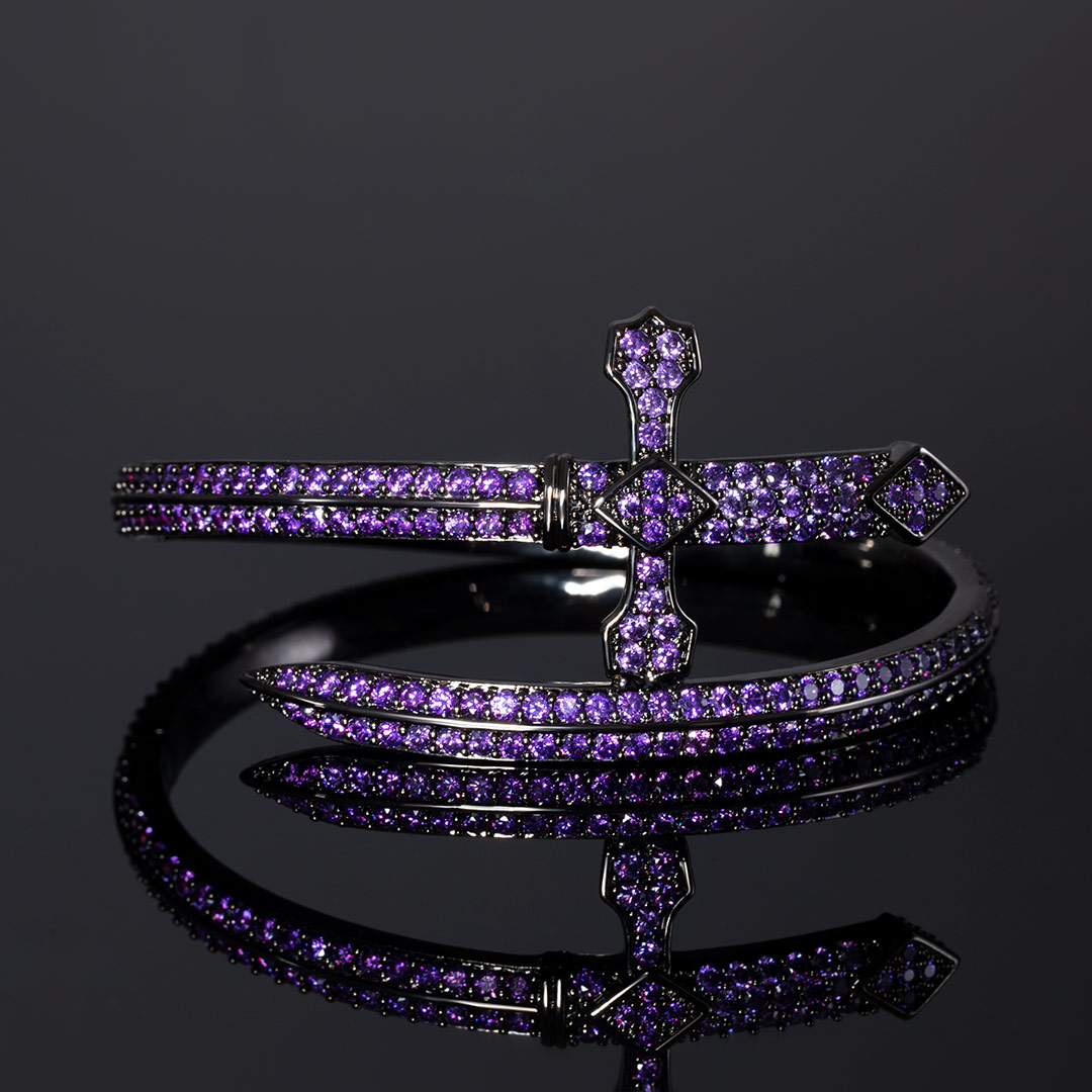 Iced Purple Sword Bangle Bracelet in Black Gold